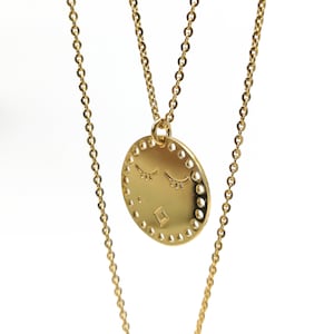 Gold or silver face medallion Necklace Dreamer graphic face RÊVEUSE Gold plated 24k fine gold or silver plated with sterling silver chain