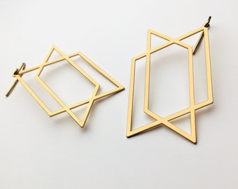 Perspective rectangles dangle Earrings INTERSECTIONS  3D effect Gold plated 24k fine gold or silver plated earrings 925 silver attaches