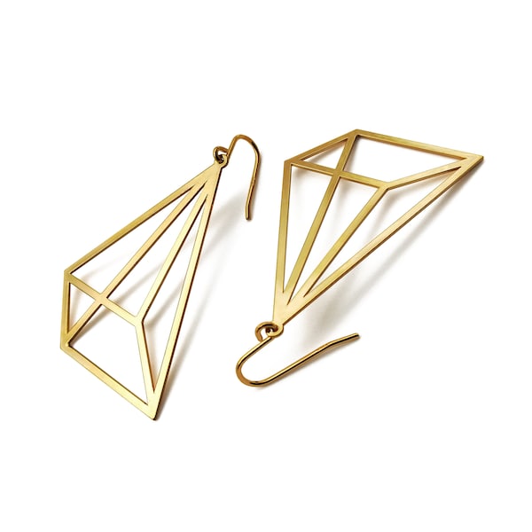 Boucles d'oreilles triangles PYRAMIDE effet de perspective 3 D dorées à l'or fin 24 carats ou plaquées argent attaches argent 925