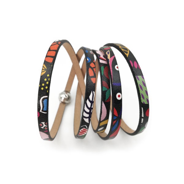 Leather bracelet 5 turns with colorful TROPICAL pattern Silver plated magnetic ball closure