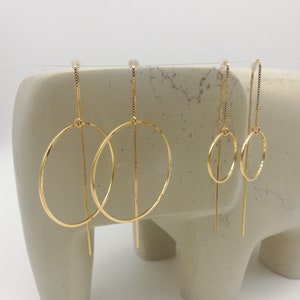 Circle threaders earrings Light weight long dainty Threader earrings / 925 Sterling silver chain gold plated 24 K