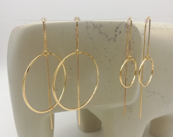 Circle threaders earrings Light weight long dainty Threader earrings / 925 Sterling silver chain gold plated 24 K