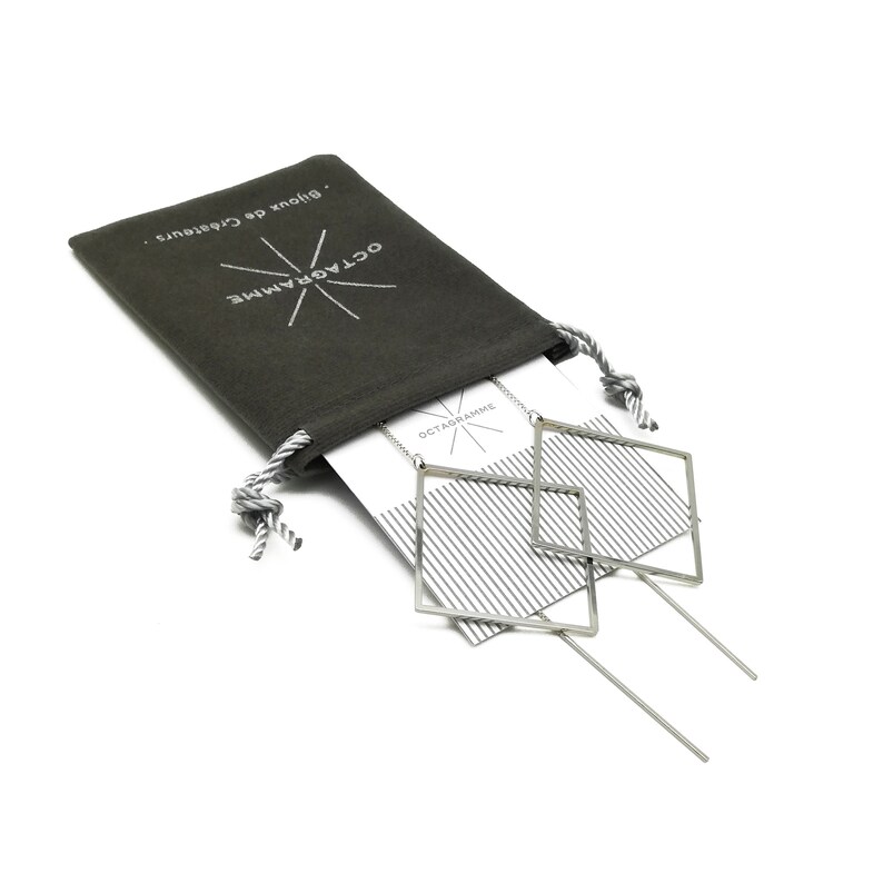 SQUARE pendant Ear threads with 925 Sterling silver chain Long dangle geometric minimalist earrings