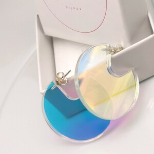 Iridescent acrylic holographic circular hoops Radiant rainbow earrings with sterling ear post