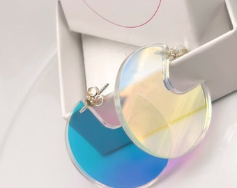 Iridescent acrylic holographic circular hoops Radiant rainbow earrings with sterling ear post