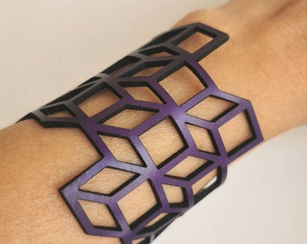 Manchette cubes en cuir réglable KEPLER fermoir bouton de col manchette Design Géométrique effet 3D