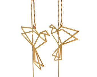 Ear Threaders with geometric Bird Gold plated 24k fine gold or silver plated with silver chain