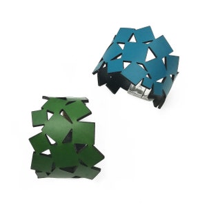 Large Leather cuff MOSAIC of squares for women laser cut different sizes ans colors, easy magnetic closing