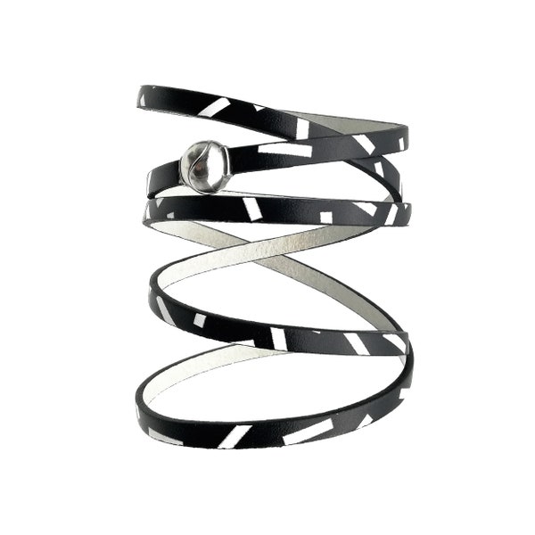 Wrap around calf leather bracelet 5 turns with MEMPHIS style black and white pattern , Silver plated magnetic ball closure