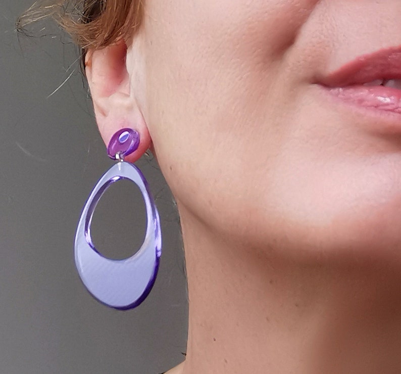 Boucles d'oreilles en acrylique style vintage SOPHIE avec attaches argent 925 Mauve translucide