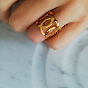 Può includere: Anello dorato con un design geometrico traforato. L'anello è composto da più cerchi sovrapposti, creando un look unico e moderno.