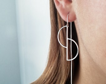 Ear threaders with two half circle Lightweight pendant  pendant MODERNIST with 925 Sterling silver chain gold plated 24k fine gold