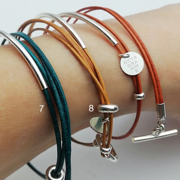 Bracelet en cuir double tour avec fermoir TOGGLE,  jonc et apprêts en argent 925, wrap bracelet , nombreux coloris