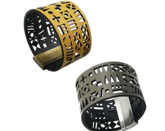 Geometric design Laser cut leather cuff MEMPHIS with magnetic clasp