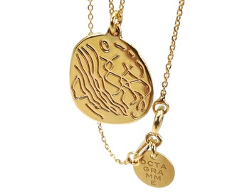 Necklace with abstract pattern on pendant medal  PRIMITIVE, gold plated or silver plated with 925 sterling silver chain