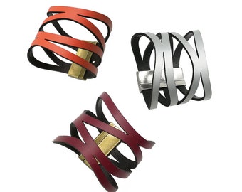 Large graphic leather cuff laser cut for women design with easy to use magnetic clasp