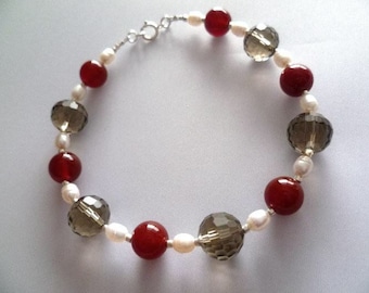 Carnelian & Smoky Quartz Sterling Silver Bracelet