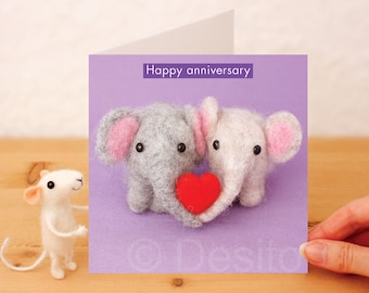 Needle Felted Elephant Anniversary Card, Handmade Whimsical Greeting