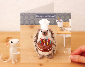 Funny Hedgehog Birthday Card: Handcrafted, Needlefelted and photographed design from my Whimsicals range