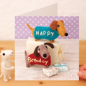 Whimsical Dachshund Birthday Card: Handcrafted, Needle Felted, photographed Design