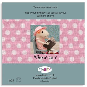 May include: A pink card with white polka dots featuring a whimsical illustration of a mouse wearing a hat and reading a book. The card reads "Hope your Birthday is as special as you! With lots of love".