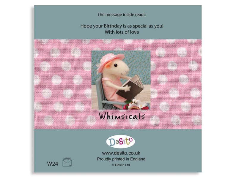 May include: A pink card with white polka dots featuring a whimsical illustration of a mouse wearing a hat and reading a book. The card reads "Hope your Birthday is as special as you! With lots of love".