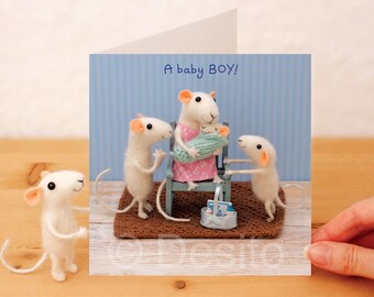 New Baby Boy Card: Whimsical Mice, Handcrafted and photographed design.