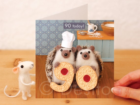 90th Birthday Card – Whimsical Hedgehog Chef, Jammy Dodgers