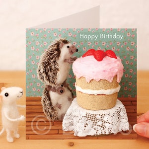 Funny Hedgehog Birthday Card - Happy Birthday. Cute, Quirky Whimsical Hedgehogs & cake. Handcrafted and photographed. For her, him, friend