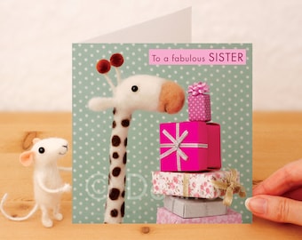 Sister Birthday Card: Giraffe & Present, Handcrafted Whimsical Design