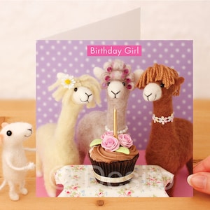 Whimsical greetings card - Birthday girl, alpaca card, alpacas with birthday cake, funny alpaca, alpaca birthday card