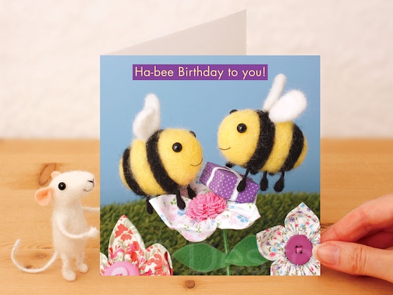 Whimsical Bee Birthday Card: Handcrafted, Needle Felted, photographed Design