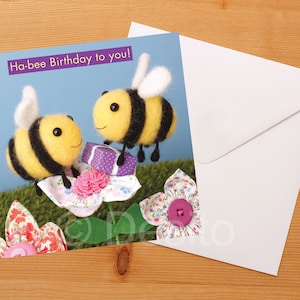 Whimsical Bee Birthday Card: Handcrafted, Needle Felted, photographed Design image 3