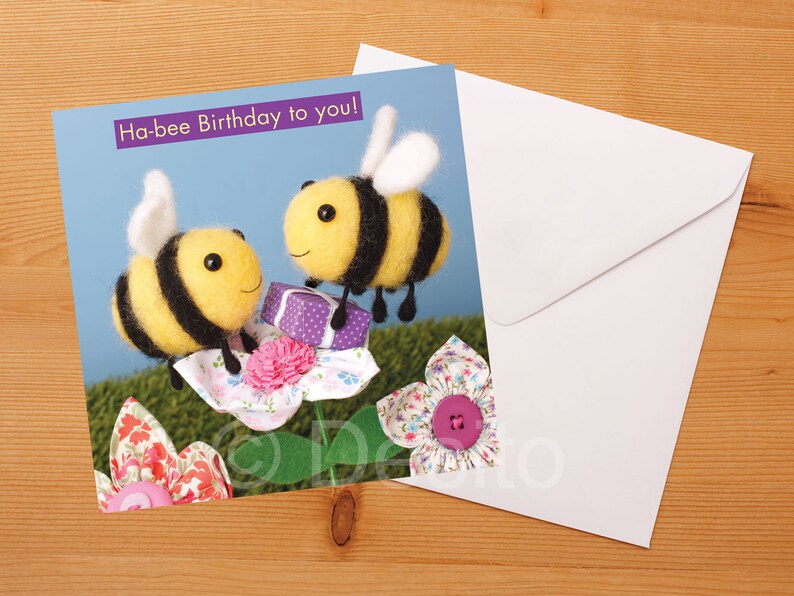 Whimsical Bee Birthday Card: Handcrafted, Needle Felted, photographed Design image 3