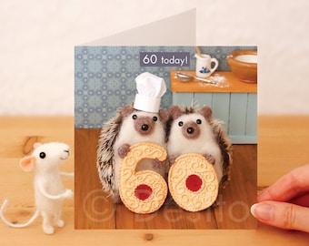 60th Birthday Card – Whimsical Hedgehog Jammy Dodger Design