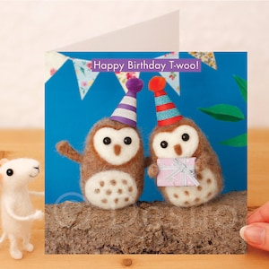 Whimsical Owl Birthday Card: Needle Felted, photographed owls