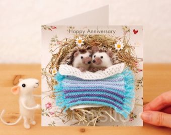 Hedgehog Anniversary Card: Handcrafted and photographed Whimsical Greeting