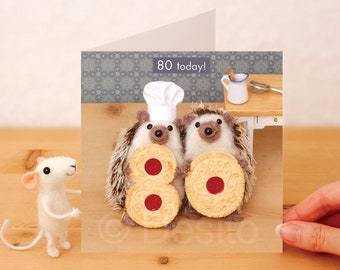 80th Birthday Hedgehog Card: Chef Baker with Jammy Dodgers