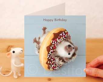 Funny Hedgehog Birthday Card: Whimiscal hedgehog in Doughnut. Needlefelted, photographed design