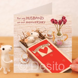 Husband Anniversary Card: Needle-Felted, photographed. Whimsical Design