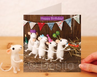 Whimsical greetings card - Happy birthday (mice conga)