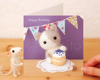 Kitten Birthday Card: Handcrafted Needle Felted and photographed Cat with Cake