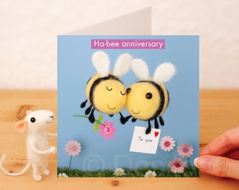 Anniversary Card: Ha-Bee Anniversary. Whimsical Needle Felted, photographed Bees