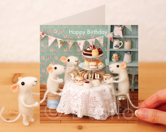Mouse Birthday Card: whimsical Mice Tea Party