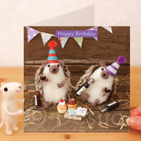 Whimsical Birthday Card - Happy Birthday, funny hedgehog card for friend, hedgehog lover, drunk hedgehog, hedgehog gift