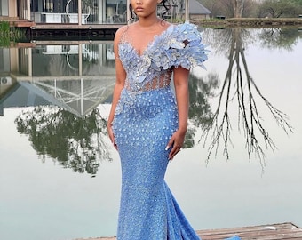 Vestido de baile de lantejoulas azuis, vestido longo de renda, vestido espartilho, vestido de concurso, vestido de baile, vestido de recepção de casamento, vestido de aniversário, vestido de passarela