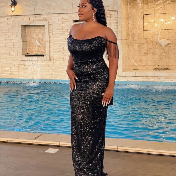 Black lace dress, Sequin dress, African dress, African party dress, Wedding guest outfit, Birthday gown, Asoebi dress, Sequin 2 piece