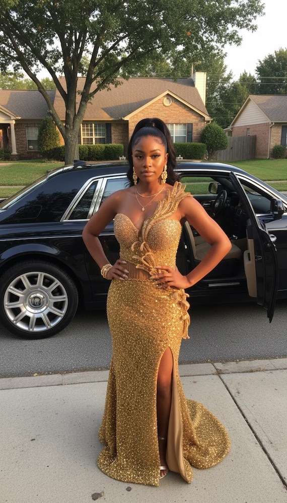 2 piece gold homecoming dress Mermaid Two Pieces Gold Sequin Side Slit Modest Party Long Prom Dresse –  bridalsew main image 1