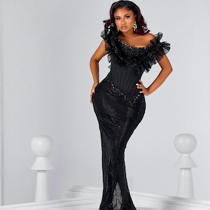 Black lace dress, Corset dress, Prom dress, Pageant dress Homecoming dress, Wedding reception gown, Birthday gown Party Aline gown with slit