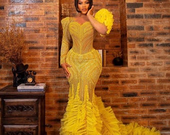 Vintage Silk Yellow Mermaid Dress, Beaded, Size XS #10171 - Etsy